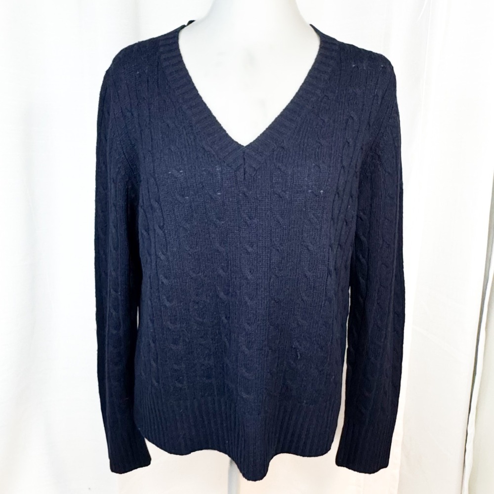 100% Cashmere Evelyn Grace Solid Cable Knit Sweater Womens XL Navy Blue V Neck